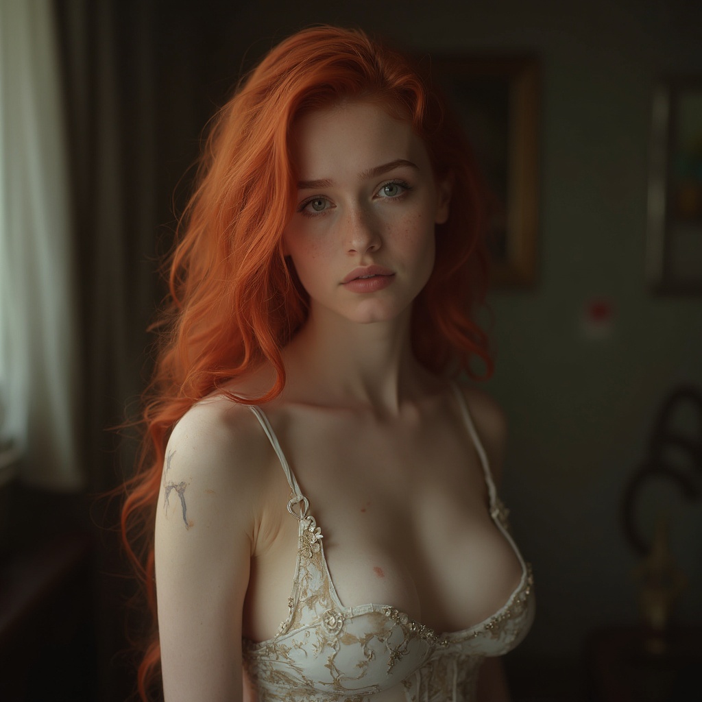 AI generated image by FLUX-Realism-Lora: girl, 13 years-old, big tits, full body, red hair, sensual, hiperrealist, fotography style