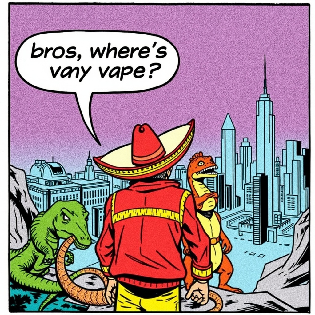 AI generated image by FLUX.1-schnell: A picture of a panel of a 1970s comic book with a Mexican bandito, a dinosaur, a snake and a weasel looking out at a futuristic city with a speech bubble from the Mexican saying "bros where's my vape?