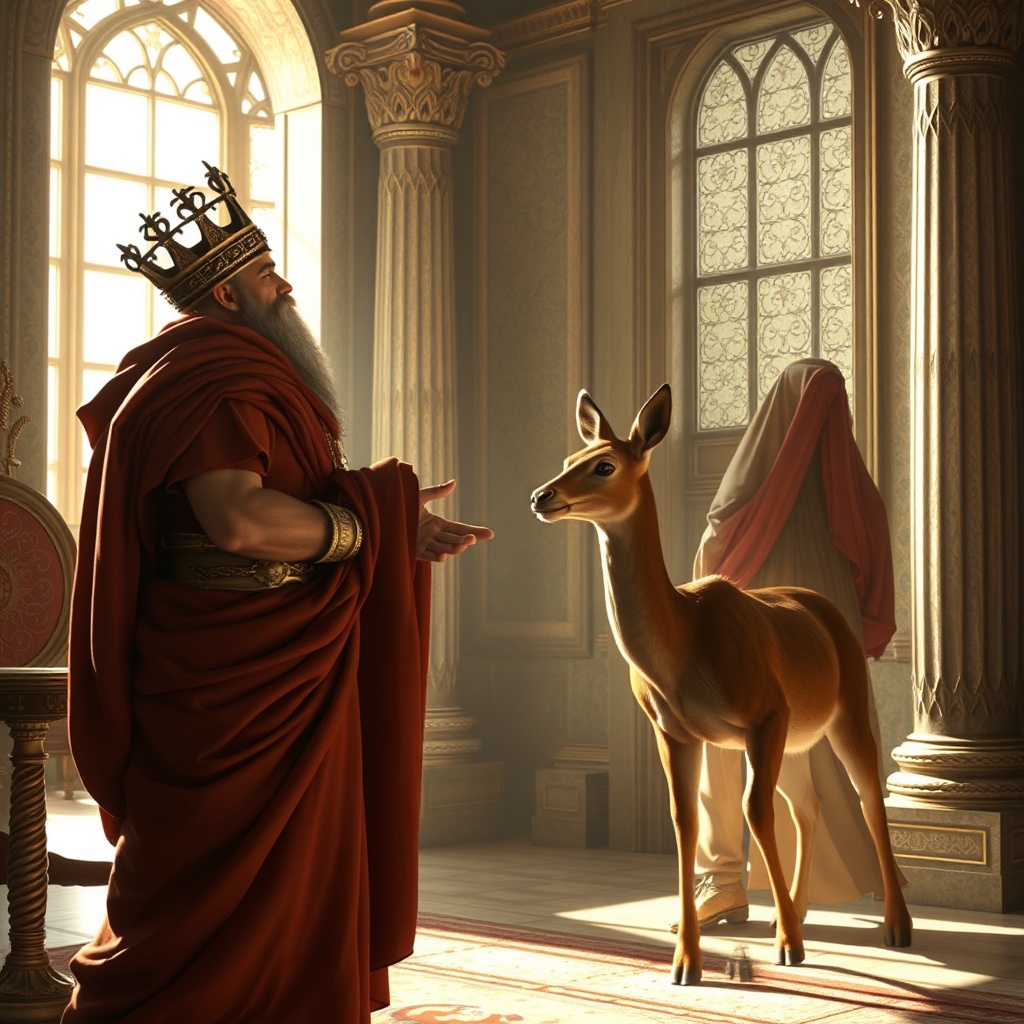 AI generated image by FLUX.1-schnell: King Eurystheus orders Hercules to capture a doe. Medium shot, palace interior, daylight from a window, cinematic style, realism.