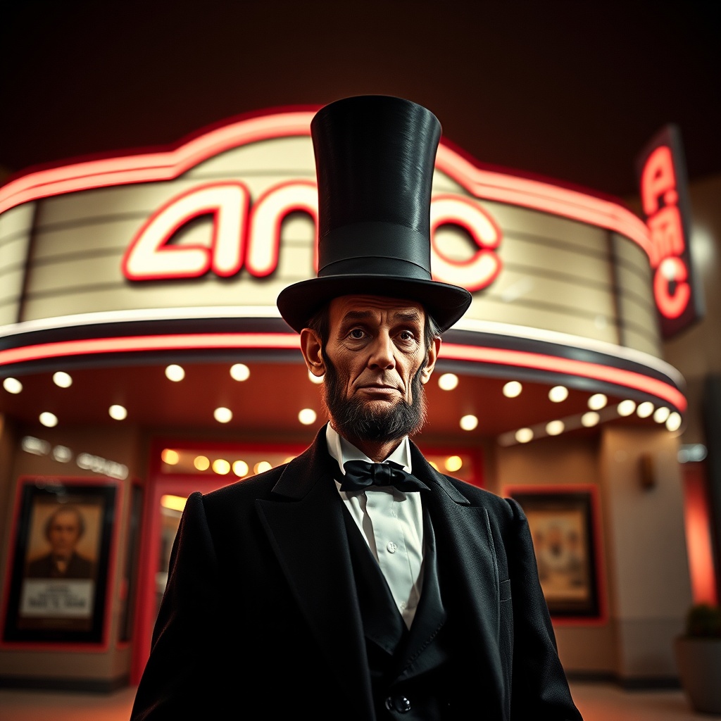 AI generated image by FLUX.1-schnell: Create an image of Abraham Lincoln standing in front of AMC Theatres. Make it look like a retro AMC Theatres. Have abe wear the top hat