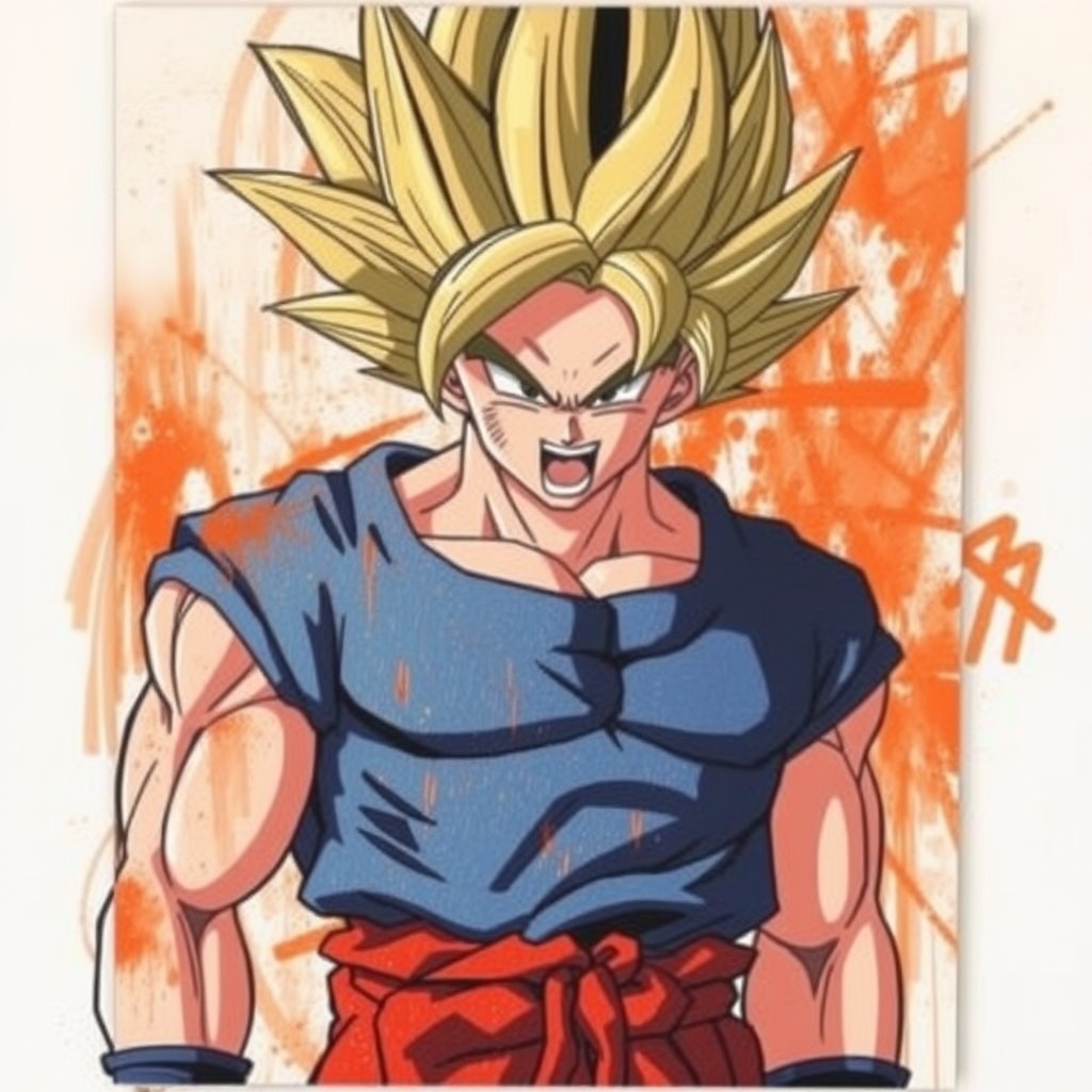 AI generated image by FLUX.1-schnell: GOKU SJJ3 APLASTANDOLE LA CABEZA A FREZER