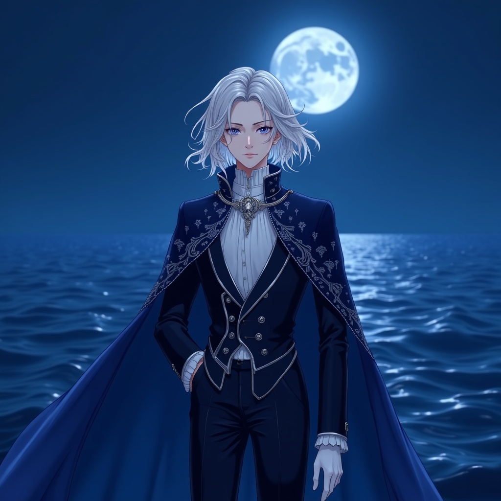 AI generated image by FLUX.1: An anime young French man with an elegant, ethereal appearance. Long, wavy silver-white hair that flows just past his shoulders, with strands that shimmer faintly like moonlight. His eyes are a soft violet-gray, calm and reflective, with a faint glow like water catching the dawn. His skin is pale with a porcelain smoothness, almost luminous. His expression is serene and composed, with a hint of aloof gentleness, delicate but dignified features, almost androgynous in beauty.
He wears an embroidered dark navy coat with silver accents, layered over a high-collared white shirt. A long tailored cape, deep blue with subtle aquatic motifs, drapes from his shoulders. A polished silver brooch shaped like flowing water clasps the cape. His gloves are white, and his boots reach to the knee, polished black leather.
The background is bathed in moonlight—deep blue tones, soft shadows, and a faint mist curling across a darkened surface of water. The atmosphere feels calm, elegant, and slightly mysterious, with moonlight glinting on ripples as though echoing his power.