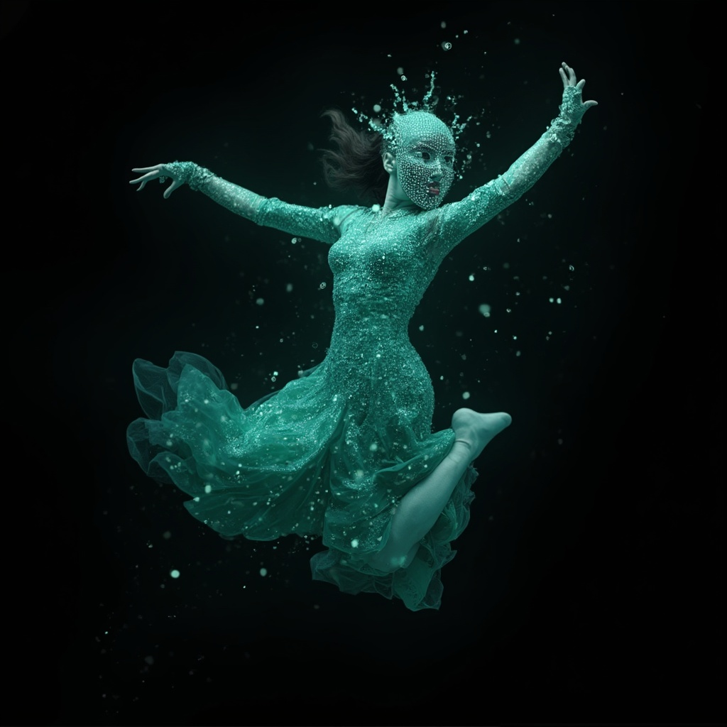 AI generated image by FLUX-Realism-Lora: Ada Lovelace as a dancer that is jumping through the air. Ada Lovelace's face is a digital mask made from thousands of turquoise numbers and formulas forming her face. The numbers and formulas are made from light. the formulas and numbers fly behind the mask leaving a trail of complexity. the mask is floating dynamically in mid air. her head is turned to the right but her eyes are looking directly into the camera. everything is on black background. like a png with black only background. photo realistic, sci-fi, human features hair