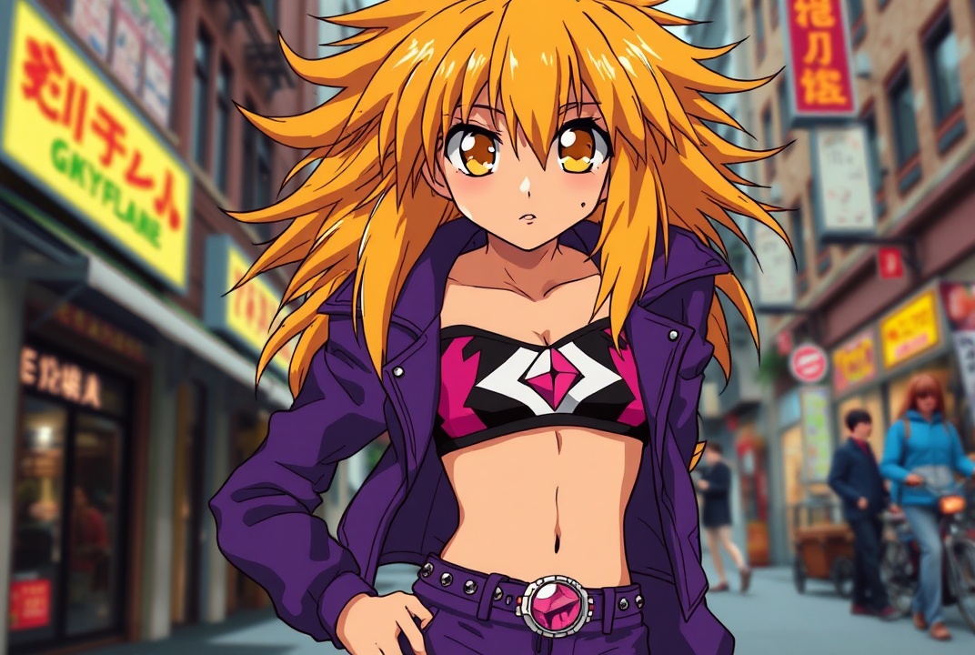 AI generated image by FLUX.1-schnell: takahiro kimura retro anime art, as gaogaigar character, 1997 anime style tv show screencap screenshot, golden orange eyes, big cartoonish eyes, golden yellow fallen grungy messy hair, big lionhair style, long messy spiky hair fringe bangs, tanned skin, purple black leather jacket, purple black leather pants, studded pink belt, black sport bra with pink and white designs, fit attractive femenine body with few muscular abs, woman, pink gem navel piercing, big breast, city street background