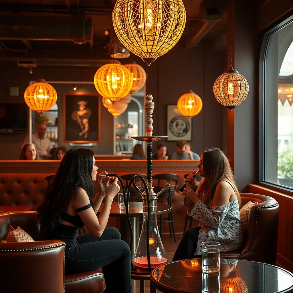 AI generated image by FLUX.1-schnell: realistic photo of a modern hookah lounge where women smoke hookah