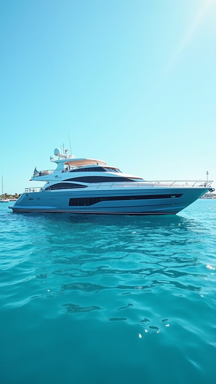 AI generated image by FLUX-Realism-Lora: A Blue Yatch in tranquil blue waters, in Fort Lauderdale, with the text "Barros Bros"