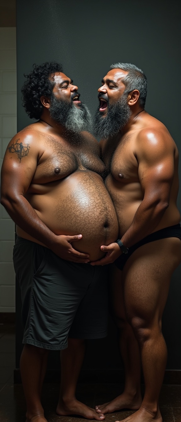 AI generated image by FLUX.1: Danny who is a big pot bellied, obese, dark skinned, hairy, grey haired, lustful, macho, matured hairy dark Tamil alpha male math teacher with thick eyebrows, full plump lips, thick beard and very big beefy and muscular chests is holding Tommy, a stocky student. Danny and Tommy are having a secret affair after class. Both Danny and Tommy are completely naked without clothes on and wet all over. Tommy is caressing Danny's masculine, hairy, big, fat, dark skinned pot round belly with a big belly button. Danny's dark skinned big hairy belly has a big round belly button that is deep. Danny also has fat beefy thighs and big feet. Danny is hugging Tommy very close with both his big strong arms and is spitting a lot of wet strands of saliva in Tommy's wide open mouth with his tongue out. The saliva runs down all over Danny's beard, his big hairy belly, thick thighs and his thick feet. Danny has a thick, erect penis with low hanging scrotum which is drenched in saliva.