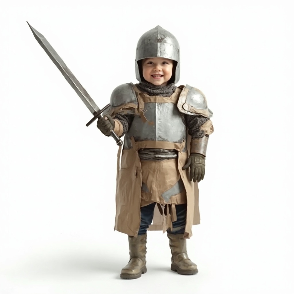 AI generated image by FLUX-Realism-Lora: A photorealistic image of a young child with white skin, standing proudly and smiling in a creative, homemade costume made entirely from DIY store materials. The costume includes a cardboard chest plate, duct-taped shoulder armor, a plastic bucket helmet with cut-out visor, and a makeshift sword made from PVC pipes and aluminum foil. The child wears gardening gloves as gauntlets and rubber boots
The costume is slightly rough but full of creativity, showing visible tape, paint, and hand-crafted details, giving it a charming DIY feel. The child has a joyful and confident expression, standing in a proud knightly stance, excited for the school party tomorrow.
The background is completely white, making the image clean and professional while focusing on the child and their homemade armor. The lighting is soft and even, enhancing the realistic and high-quality photography effect. The image should be ultra-realistic, capturing every detail of the materials, facial features, and textures to create a charming, lifelike scene