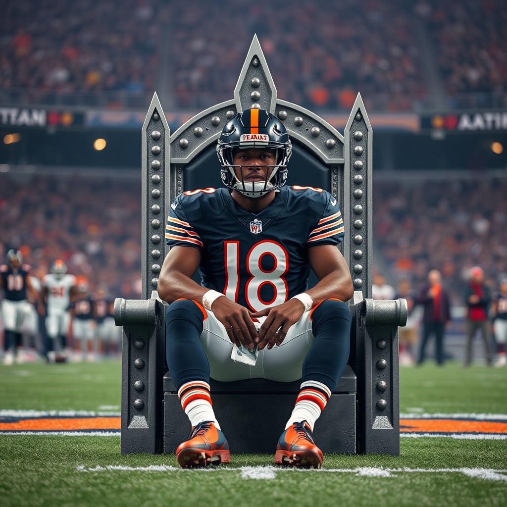 AI generated image by FLUX.1-schnell: Bears QB Caleb Williams 18 sitting on the NFC north throne. In Halas hall