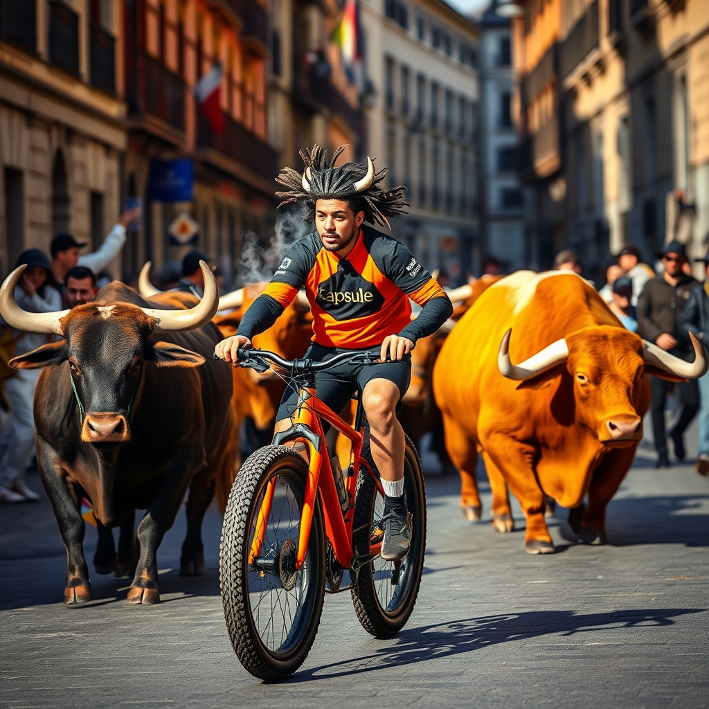 AI generated image by FLUX.1-schnell: un joven con rastas largas y con una sudadera negra de Capsule Corp y fumando y montado en una e-bike fat-bike naranja brillante pedaleando rapido por las calles del encierro de toros de Pamplona, liderando el grupo de corredores a solo unos 2 metros por delante de los 5 toros