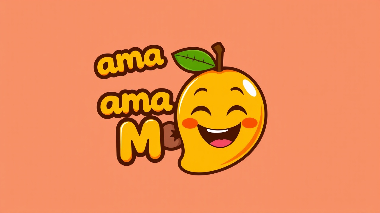 AI generated image by FLUX.1-schnell: vibrant and playful logo for 'Mama Mango' featuring a friendly,cartoon-style mango character with big smile warm eyes