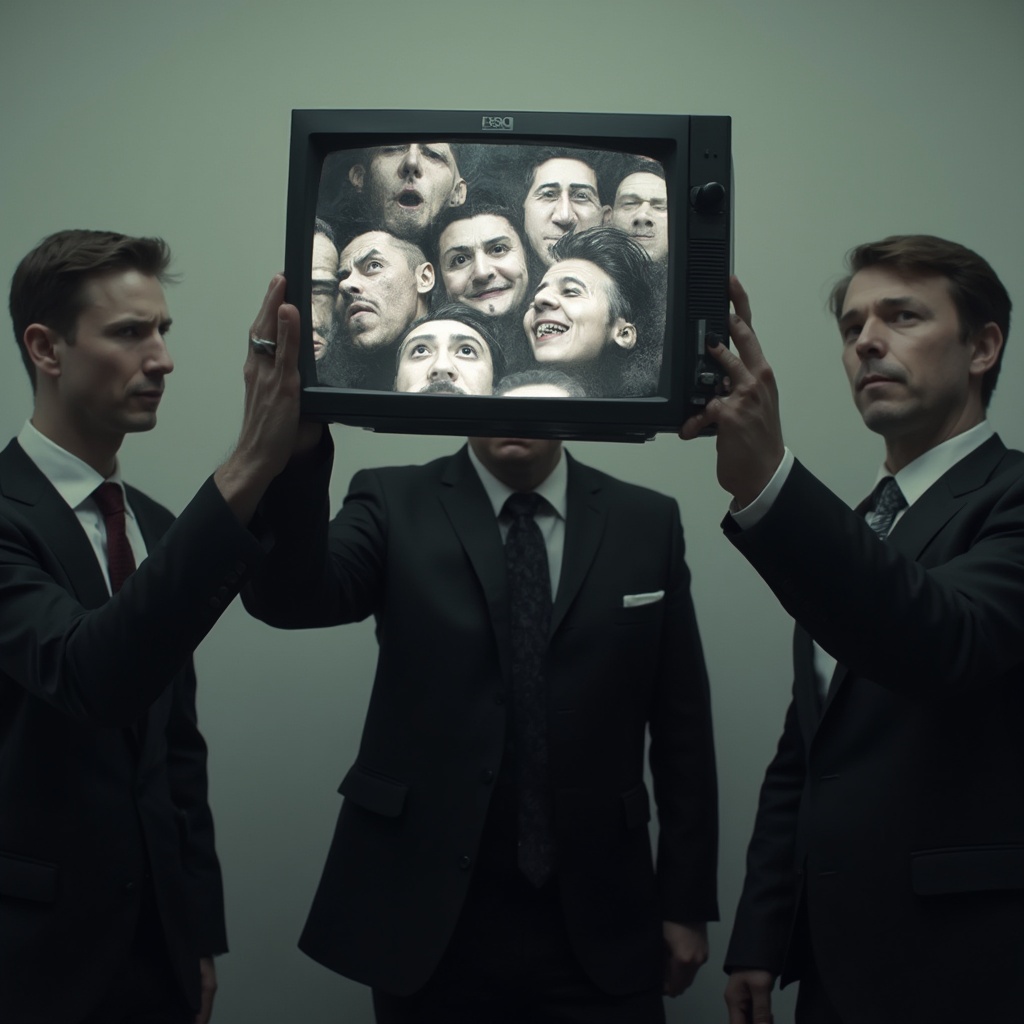 AI generated image by FLUX-Realism-Lora: Men in black suits with blurred out faces are holding a TV up to the camera and on that TV is faces swirling together.