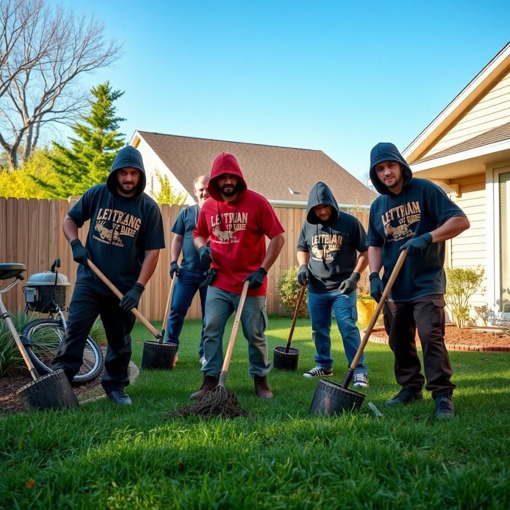 AI generated image by FLUX.1-schnell: Create an image of 4 or 5 Christian gang members, working in a nice yard doing yard work. Dress them in typical gang clothing.