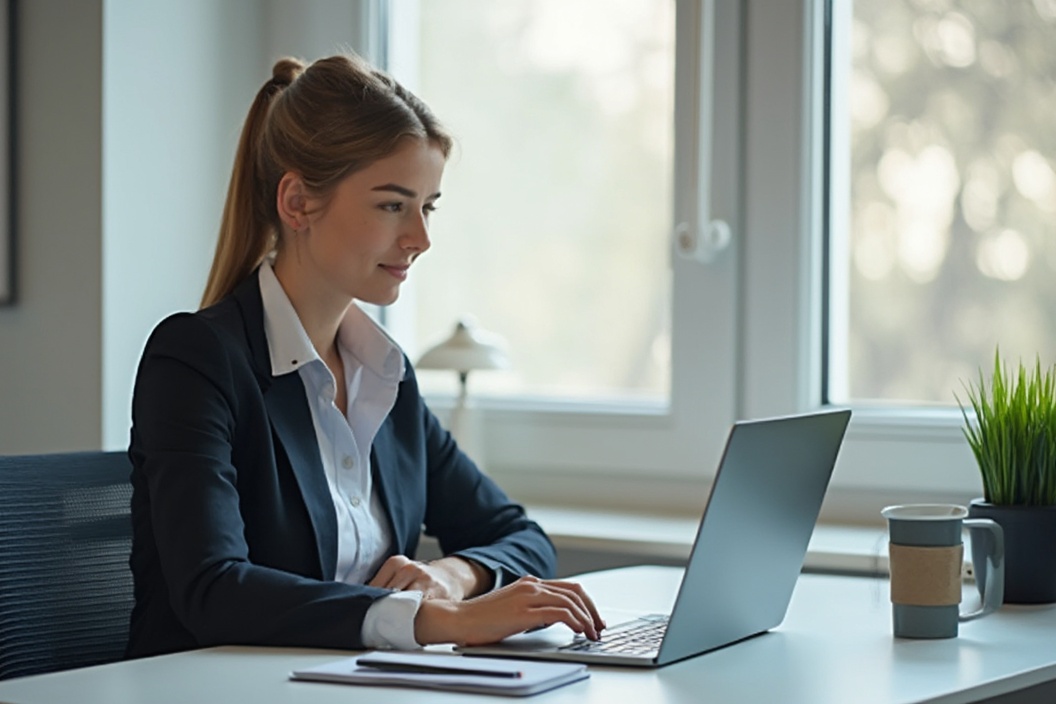 AI generated image by FLUX-Realism-Lora: Eine professionelle Mitarbeiterin sitzt konzentriert vor einem geöffneten Laptop in einem modernen Büroumfeld. Sie trägt Businesskleidung und tippt auf der Tastatur, während sie auf den Bildschirm schaut. Auf dem Schreibtisch sind ein Notizbuch, ein Stift und eine Tasse Kaffee zu sehen. Das Licht fällt durch ein nahes Fenster ein und schafft eine produktive Atmosphäre. Die Szene vermittelt Professionalität, Konzentration und eine angenehme Arbeitsumgebung.