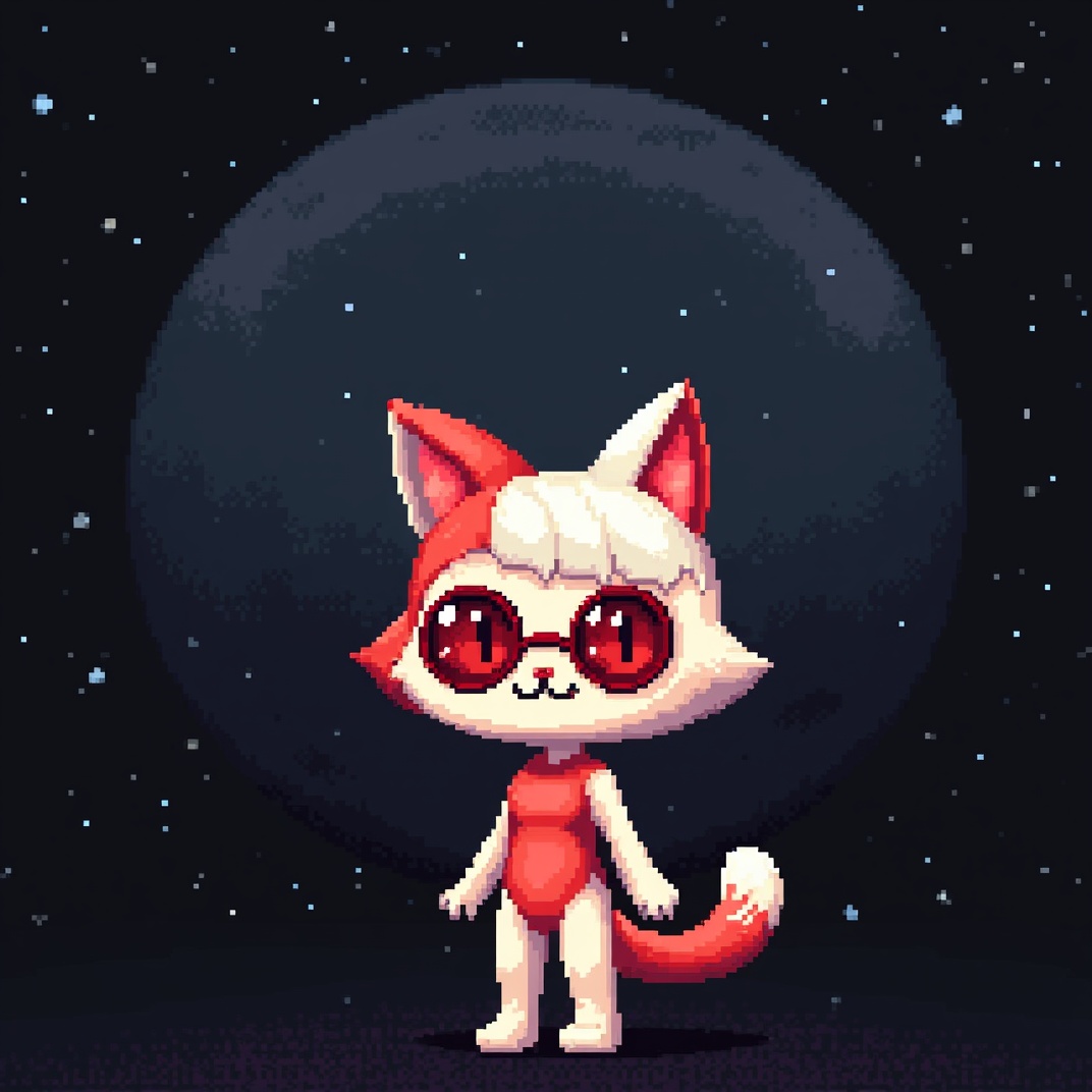 AI generated image by FLUX.1-image-to-image: a pixel art of a cat girl, red colored, futuristic, red and white hair, wearing red futuristic and glamorous glasses, space background