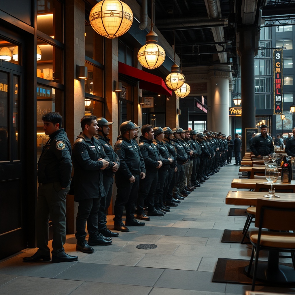 AI generated image by FLUX.1-schnell: Avenger crew wiating in a single line queue to enter a restaurant