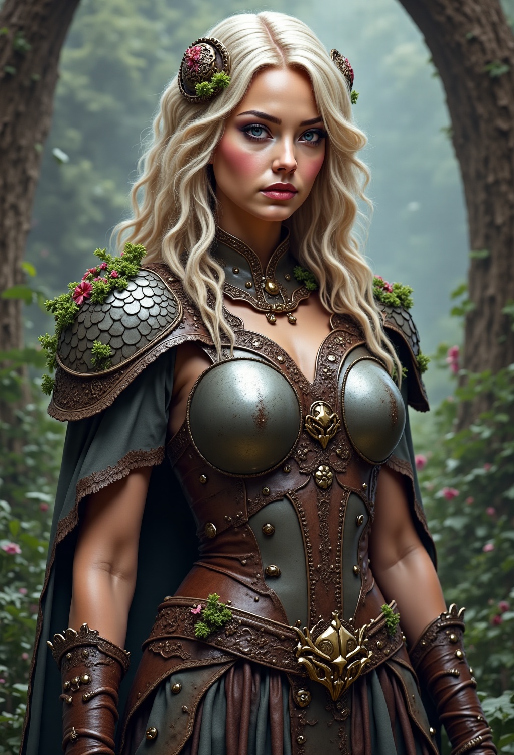AI generated image by FLUX.1-image-to-image: - remove the mushroom element on her bracers and instead put throny vines there
- make hair length on left side of Pic same as right side
-remove plants on metal pauldron, make pauldron leather instead