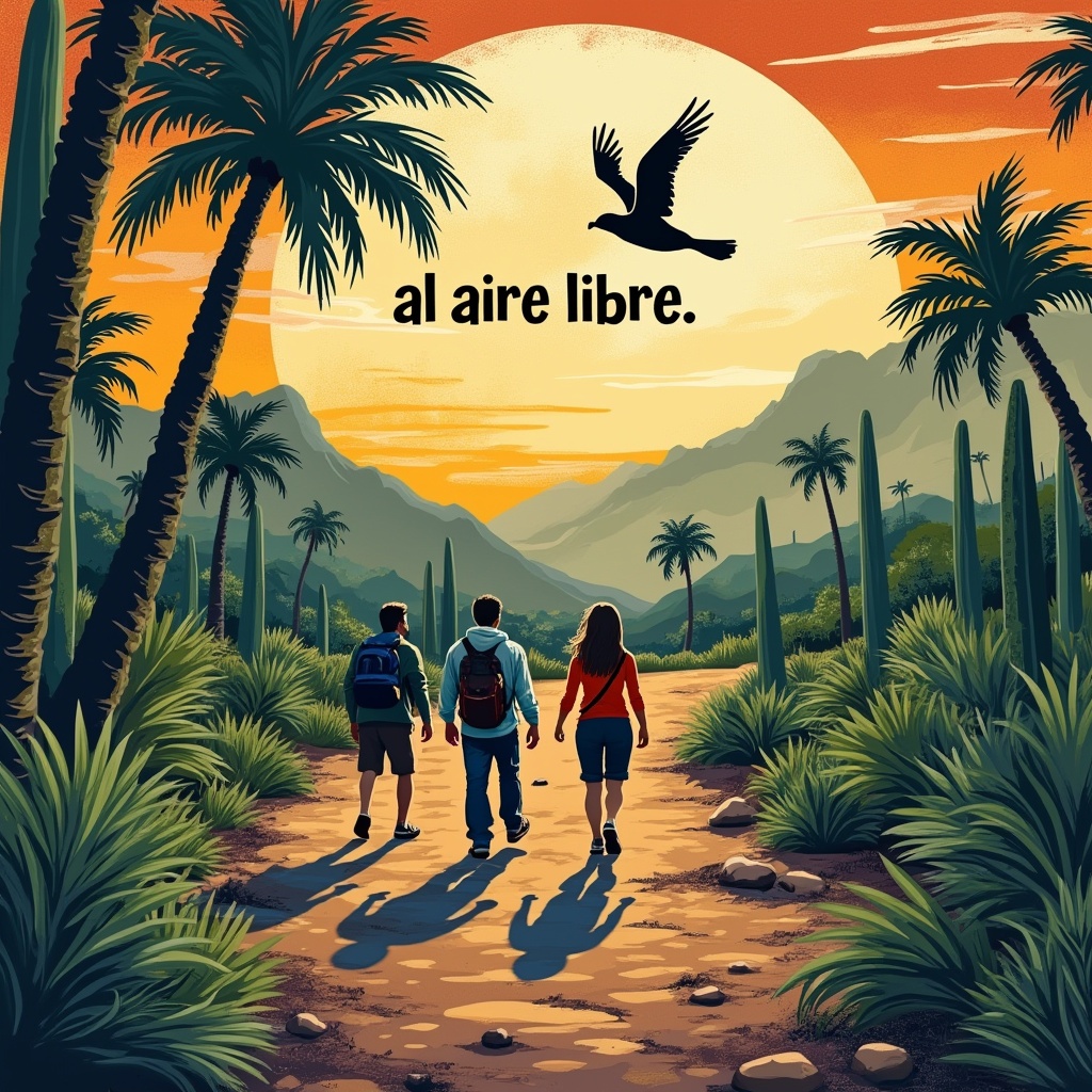 AI generated image by FLUX.1-pro: Generate a strong handmade central image that reflects outdoor adventures in méxico that will be used in a travel and tourism agency include "México al aire libre" with Open Sans regular typography as text