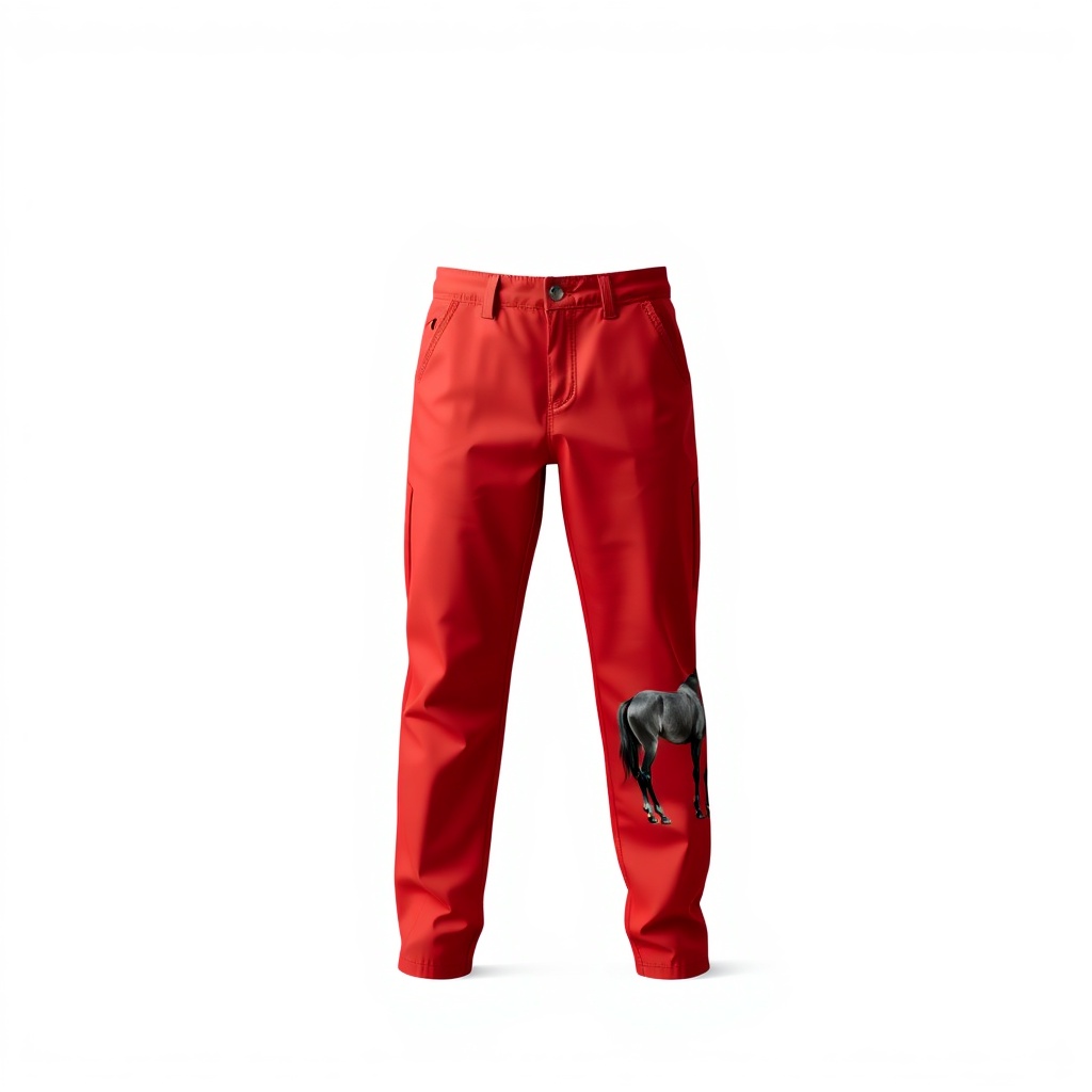 AI generated image by FLUX.1-schnell: A realistic, high-quality red trousers featuring a horse print on trousers. The trousers is displayed on a clean white background without any shadows, positioned in the center with a front-facing view. High detail, professional fashion photoshoot, 8K render, soft shadows..product shot / isolated clothing.