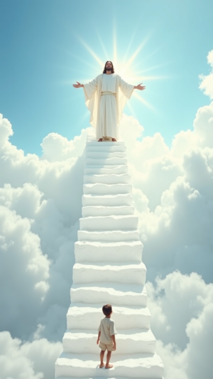 AI generated image by FLUX.1: A hyperrealistic image of Jesus descending a long white staircase made of clouds, under a clear blue sky with soft white clouds. Jesus wears a white robe and mantle, with a gentle, loving expression and open arms. There is no golden light, only natural soft daylight. At the bottom of the stairs, a young boy in simple biblical-era clothing looks up at him with awe and hope. The scene is spiritual, emotional, and serene, with vivid colors and realistic details.