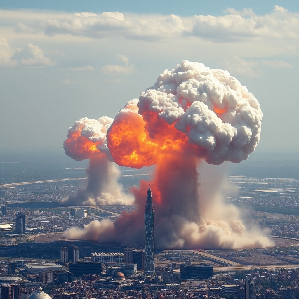 AI generated image by FLUX.1-schnell: varias explosiones nucleares de igual tamaño y la ciudad destruyendose, con gente muriendo