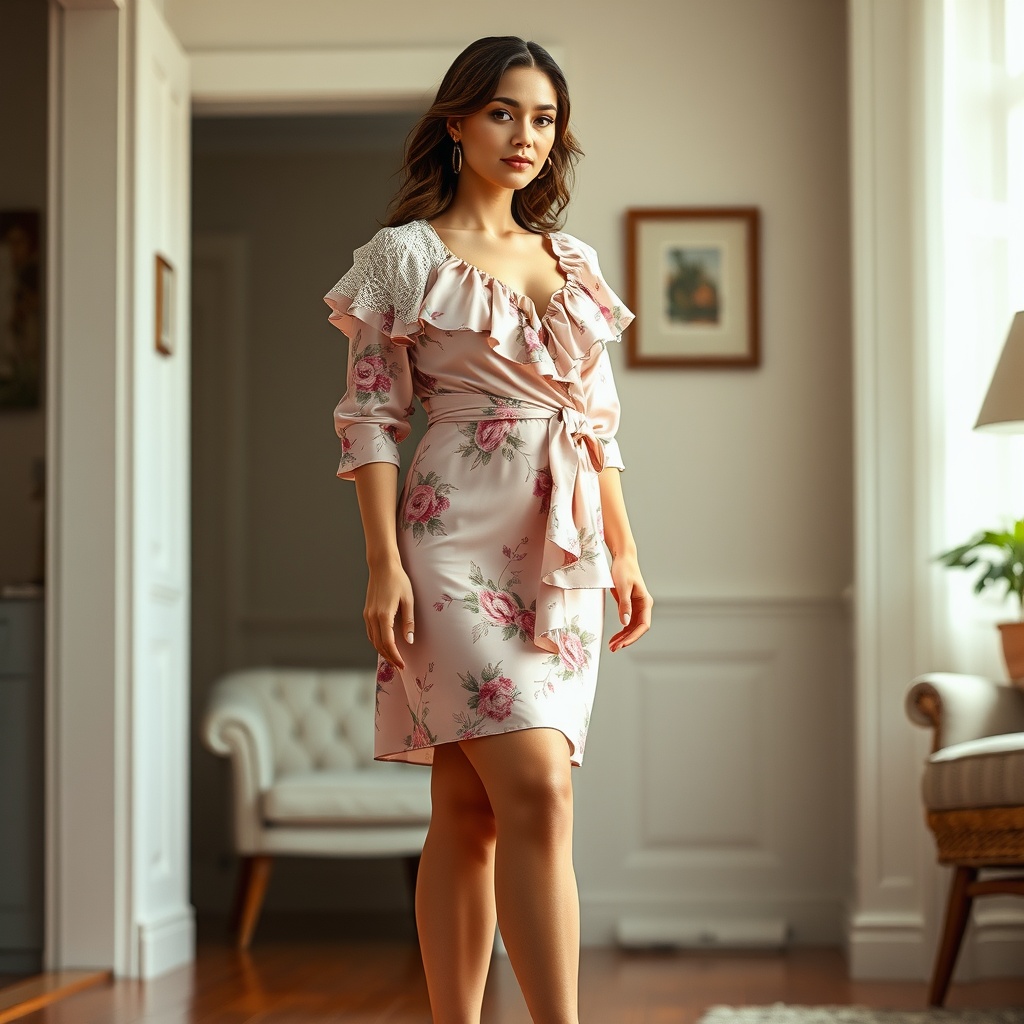 AI generated image by FLUX.1-schnell: A highly detailed, hyper realistic image depicting a full body view of a woman standing still inside her house. She is wearing a short light pink silk floral dress with a wrap design, three-quarter sleeves, and ruffles at the neckline and waist. The dress falls just below the knees, and she accessorizes with a white lace shawl, silver hoop earrings, and closed-toe high-heels. Her hair is styled in loose waves, and her makeup is light and natural, enhancing her rosy cheeks and soft lips. Her figure is curvaceous, with a large bust, narrow waist, and full hips. The pose is graceful, showcasing her figure to its best advantage. The lighting is soft and diffused, creating a warm and inviting atmosphere. The background is softly blurred, keeping the focus on the woman. The overall style is that of a high-fashion photograph, with a strong emphasis on detail and texture, capturing the intricate details of the dress and the woman's features. The image is rendered with a hyper realistic style, emphasizing the subtle textures and nuances of the scene. Full body view.