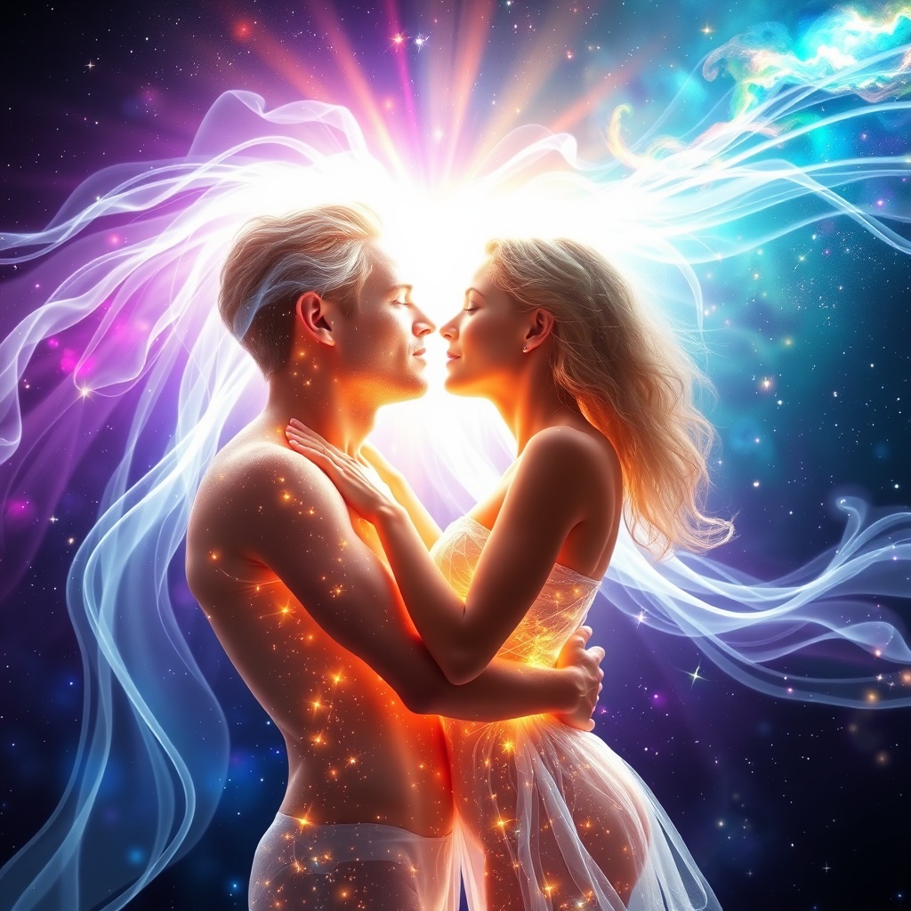 AI generated image by FLUX.1-schnell: a beautiful ethereal and colorful image of a man and a woman in the nude in an energetic form and shape, their bodies are composed of pure light, they face each other in deep space surrounded by stars, nebulas, energy waves of different colors, they embrace each other and their white aura of light becomes one large aura that surrounds the outside of their bodies, from the white aura there are beautiful and colorufl rays of light shooting outward in to space, their bodies come together and their lips touch in a kiss