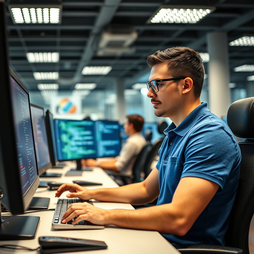 AI generated image by FLUX.1-schnell: "Em uma sala de suporte de TI moderna, dois atendentes estão trabalhando em seus computadores em um ambiente de escritório. O cenário é iluminado por luzes de teto brilhantes e há várias telas de computador mostrando códigos e gráficos. Um atendente está sentado à esquerda, com cabelos curtos e escuros, usando óculos e uma camisa polo azul, concentrado em uma tela de computador, digitando enquanto olha para uma linha de código. Ele tem uma postura profissional, com a mão no teclado e a outra apoiada no mouse, pronto para resolver um problema técnico.
O outro atendente está à direita, com cabelos cacheados e uma expressão amigável, usando uma camiseta preta com o logo da empresa. Ele está falando ao telefone com um cliente, segurando o fone com o ombro enquanto digita em seu laptop. Em sua mesa, há uma xícara de café e algumas anotações espalhadas. Ambos os atendentes estão cercados por cabos de rede e equipamentos de TI, como roteadores e modems, que estão sobre a mesa. Atrás deles, uma parede branca tem quadros com gráficos de desempenho e alguns certificados de TI."