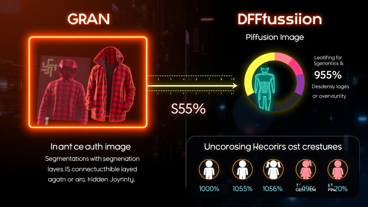 AI generated image by FLUX.1-schnell: "A glowing futuristic infographic showing GAN and Diffusion pipelines analyzing an image, identifying clothing layers with segmentation, then reconstructing hidden layers, accuracy meter at 95%, diversity icons for gender and ethnicity challenges."