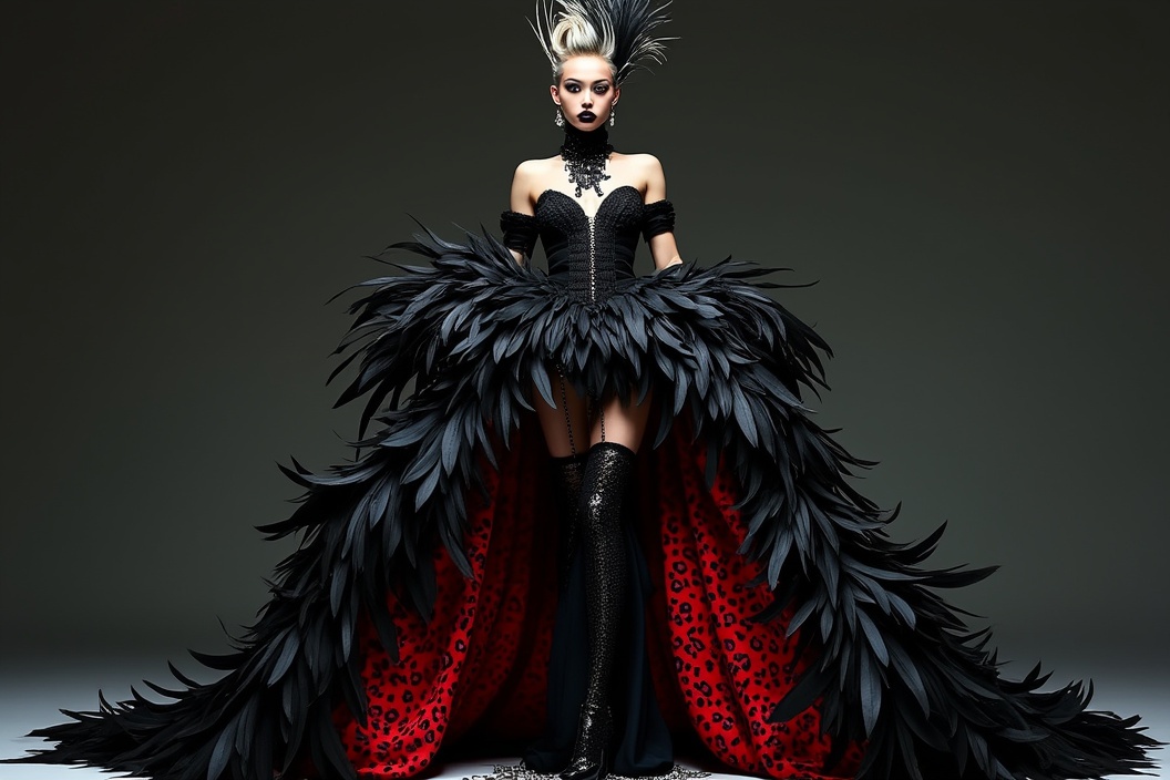 AI generated image by FLUX.1-pro: full body shot, extreme long shot, golden ratio、High fashion model in gothic avant-garde gown with black feather pattern, red and black leopard print lining, flashy spiked hairstyle, dark intense make-up, edgy and fierce pose, dramatic lighting, Vogue-style editorial photography, 1990s haute couture aesthetic, dark fantasy fashion