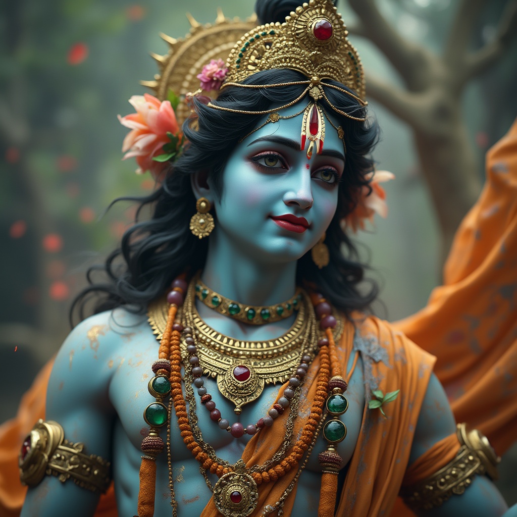 AI generated image by FLUX.1-pro: generate image of lord shri krishna..........realistic and cinematic