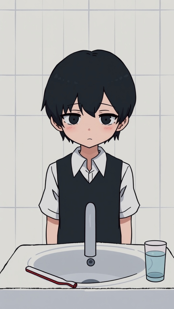 AI generated image by FLUX.1-schnell: Omocat's omori game artstyle, The image depicts a young person standing behind a bathroom sink, their expression somber. Their dark hair is neatly styled, and they are dressed in a white shirt with a dark vest. The tiled walls behind them are plain and featureless, creating a sense of isolation. The only other elements in the scene are a toothbrush and a glass on the counter, suggesting a routine that the individual may find difficult to engage in. The overall mood of the image is melancholic, hinting at a sense of loneliness or sadness. The subdued colors and minimalist composition further contribute to the somber atmosphere. The image leaves room for interpretation, inviting viewers to consider the inner thoughts and feelings of the subject.