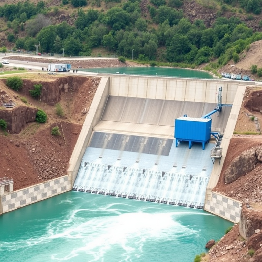 AI generated image by FLUX.1-schnell: large scale earthfilling dam with blue equipments