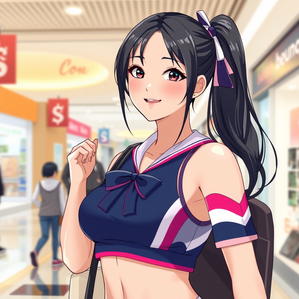 AI generated image by FLUX.1-schnell: An Asian cheerleader in a shopping mall, in the style of Persona 5