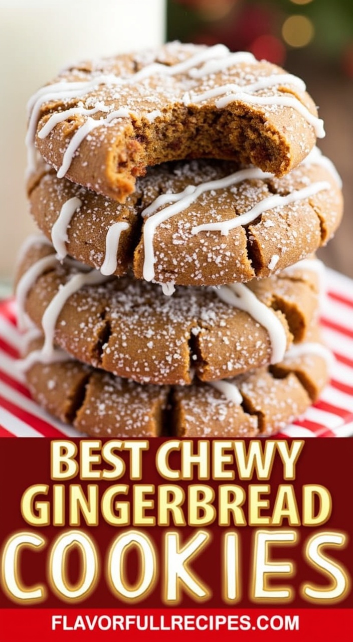 AI generated image by FLUX.1-pro: A stack of festive chewy gingerbread cookies, generously decorated with a sparkling layer of white sanding sugar and a drizzle of sweet vanilla glaze, perfect for the holiday season. The cookies are warm brown with textured edges, and the sugar crystals add a cheerful, frosty shimmer. The top cookie in the stack has a bite taken out of it, revealing a soft and spiced interior, emphasizing their chewy and aromatic texture. The cookies are displayed on a festive red and white-striped napkin, enhancing the holiday theme. Below the cookies, bold golden and white text reads “BEST CHEWY GINGERBREAD COOKIES” with the website “FLAVORFULLRECIPES.COM” in a smaller red font underneath.