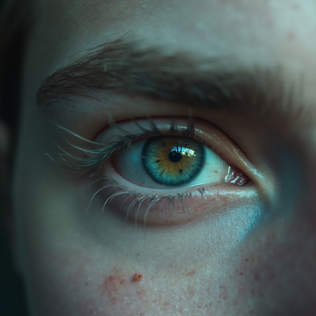 AI generated image by FLUX-Realism-Lora: human eye blonde eyelashes man with greyish skin that’s tired