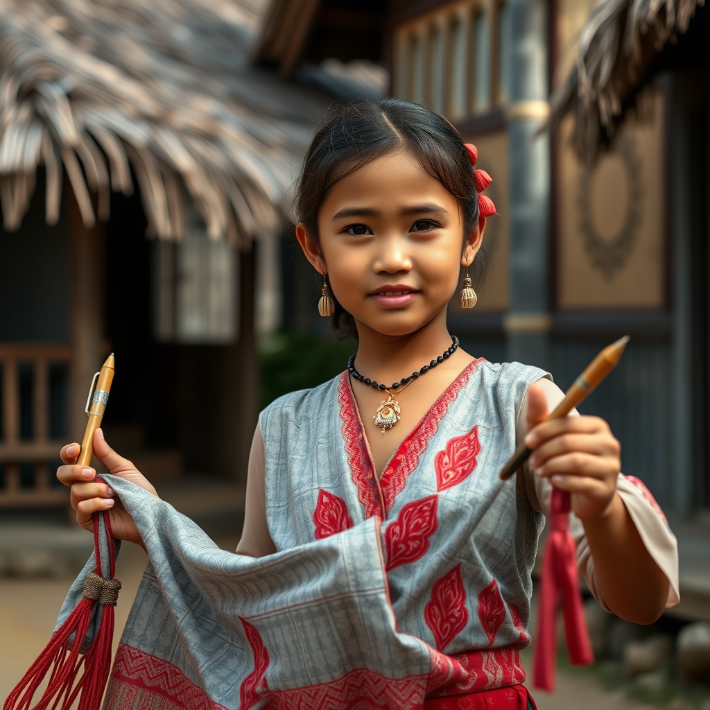 AI generated image by FLUX.1-schnell: In this cinematic photo, you can see a young, very beautiful, cute princess from East Nusa Tenggara wearing clothes made from ikat cloth with a typical motif of the Lio Ende Flores tribe, very elegant without a head covering, dancing while holding a cloth that reaches her waist. hanging from his neck and both ends of the cloth. in pen in both hands, with very detailed details of traditional houses with a background of East Nusa Tenggara, super realistic photos, very detailed, with high quality 8k photos