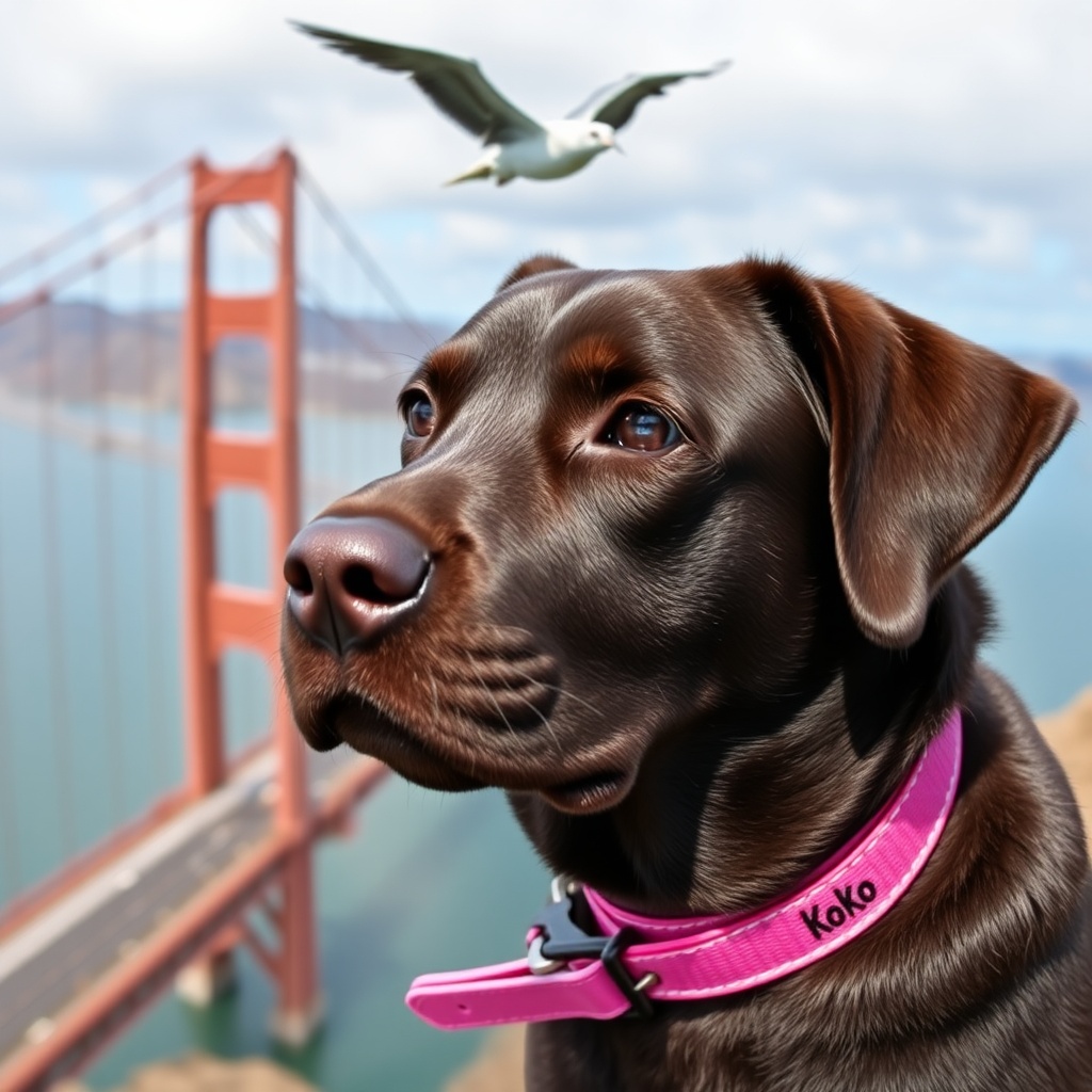 AI generated image by FLUX.1-schnell: A chocolate lab flying over Bay Bridge, while looking with soulful eyes. The pink collar should have KoKo prominenly written & visible on the collar.