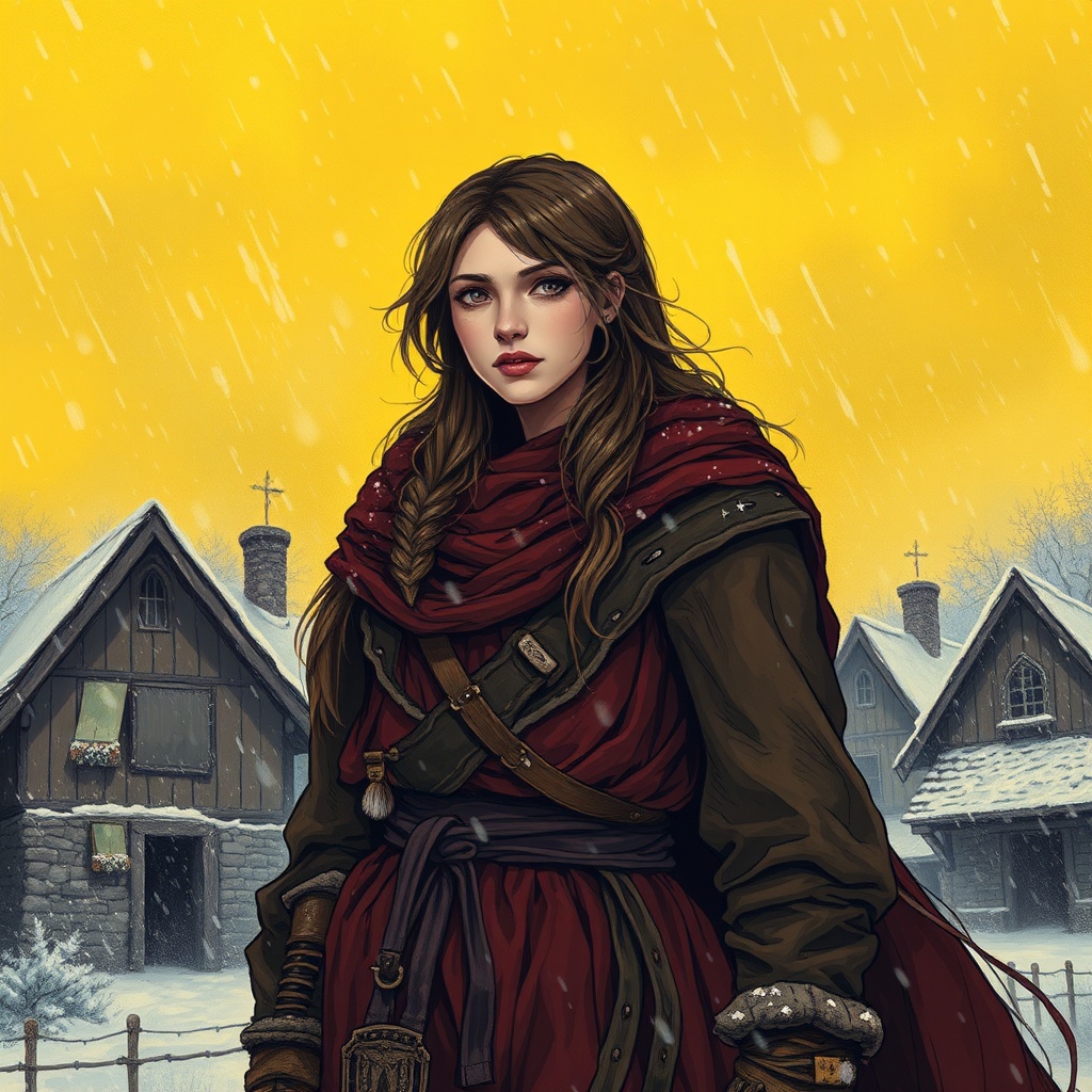 AI generated image by FLUX.1-schnell: Dark Fantasy.Manga style.Colored.early medieval.Women.Citizen of small early medieval sity.Her clothes make from rags but are warm for deep winter. Yellow stormy sky. Heavy snowfall