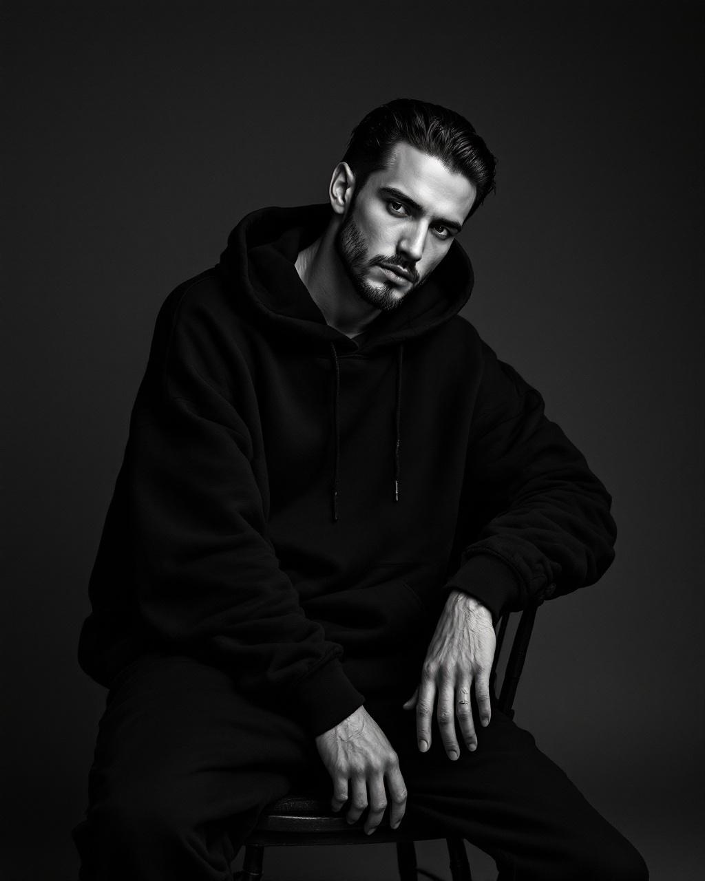 AI generated image by FLUX.1-pro: A streetwear editorial portrait. The person is sitting on a chair backwards, with the chest resting on the chair's back and arms casually draped over the top of the chair. Posture is relaxed but confident, with a calm, dominant, slightly gang-style energy. Wearing an oversized black hoodie with soft fabric and natural folds, and black baggy pants with a loose silhouette. No brand logos, clean and minimal styling. Head slightly tilted downward a bit, Eyes half-open with a serious, distant, unbothered expression. Not smiling. Hair is slicked back, slightly long on top with natural texture. Beard is short with a clean 0-fade upper beard line, tapered near the cheeks. Neck fade clean and gradual. Lighting: dark cinematic, soft shadows, hyperrealistic skin texture. Background: simple neutral or studio environment (not distracting). Keywords: streetwear editorial, backward chair pose, calm dominant energy, oversized hoodie, baggy pants, slicked back hair, 0-fade beard, hyperrealistic, cinematic portrait, unbothered look, confident stillness.