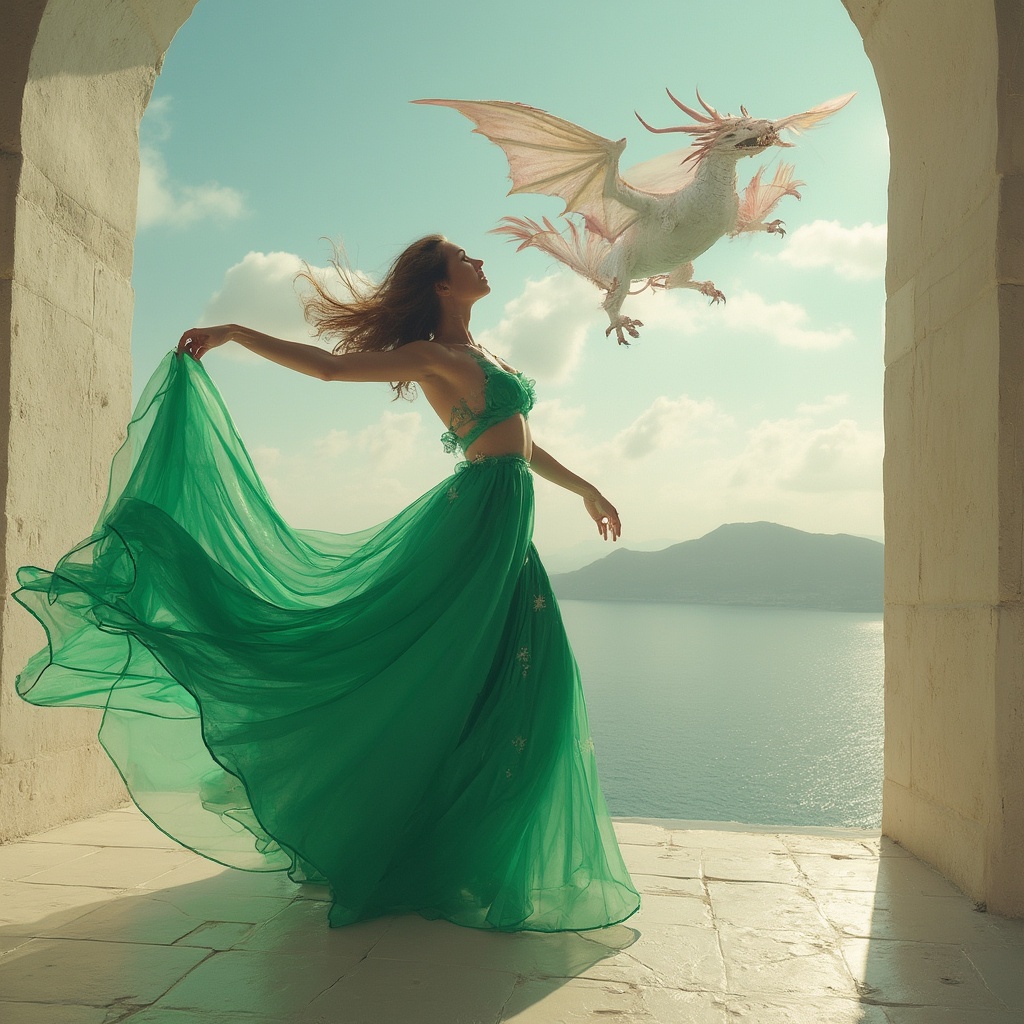 AI generated image by FLUX-Realism-Lora: Une femme dansant habillé en robe verte dans un château à Mykonos avec un dragon rose dans le ciel.