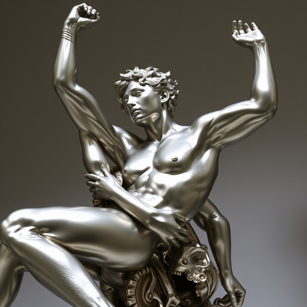 AI generated image by FLUX.1-schnell: Crea una scultura in metallo lucido, ultra-espressionista, che sembri strappata dal cuore di un incubo collettivo. La composizione deve essere caotica, violenta, ma perfettamente bilanciata — come se ogni figura fosse in preda a una crisi esistenziale simultanea.
Materialità: Metallo specchiante (acciaio inossidabile o alluminio anodizzato) con superfici graffiate, contorte, quasi fonde, che riflettono l’osservatore in modo distorto — facendolo diventare parte della scena.
Forme umane: Figure scheletriche e muscolari, ma non realistiche — deformate, allungate, spezzate, con arti che si fondono tra loro o si trasformano in elementi architettonici (es. braccia che diventano colonne, gambe che si trasformano in radici o catene). Alcune teste sono vuote, altre urlano senza bocca, altre ancora hanno occhi che spuntano da parti del corpo non naturali (mano, petto, schiena).
Colpi di scena narrativi (integrati nella scultura):
Una figura al centro sembra emergere da un’altra, come un parto traumatico — ma il “neonato” ha il volto di un vecchio, con rughe profonde e occhi spenti.
Un braccio si stacca dalla scultura e punta verso l’osservatore — ma alla fine della mano c’è uno specchio rotto, che riflette solo il vuoto.
Una testa è completamente assente — al suo posto, un vortice di metallo che sembra risucchiare le figure circostanti.
Una figura inginocchiata tiene in mano un cuore pulsante fatto di vetro rosso — ma il cuore sta lentamente evaporando in fumo metallico.
Sul retro della scultura, invisibile frontalmente, si nasconde una piccola porta segreta in miniatura — apribile con un dito — che rivela un microscopico teatro di marionette che ripetono la stessa scena in loop infinito.
Atmosfera emotiva: Disperazione cosmica, angoscia esistenziale, rabbia repressa, ironia tragica. Deve far sentire l’osservatore intrappolato nella scena, complice e vittima allo stesso tempo.
Stile visivo: Ispirato all’espressionismo tedesco (Käthe Kollwitz, Ernst Barlach), ma portato all’estremo con influenze cyberpunk, surrealismo organico (H.R. Giger) e dinamismo barocco (Bernini). Niente simmetria, niente armonia — solo tensione, conflitto e rivelazioni nascoste.
Dettagli tecnici: Alta risoluzione, illuminazione drammatica con contrasti forti (luci laterali, ombre profonde), sfondo neutro (grigio sporco o beige sporco) per non distrarre. La scultura deve essere posizionata su un basamento di cemento grezzo, parzialmente frantumato, come se fosse appena esplosa dal terreno.
Obiettivo finale: Non solo vedere la scultura — ma sentirla. Deve provocare disagio, meraviglia, curiosità ossessiva. L’osservatore deve voler girare attorno, toccare, scoprire i dettagli nascosti — e uscirne cambiato.