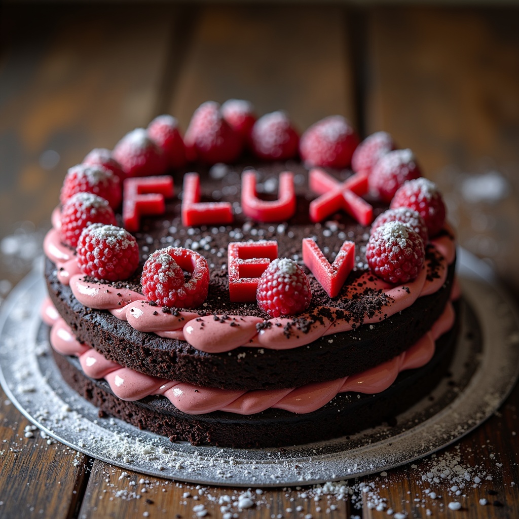 AI generated image by FLUX.1: black forest gateau cake spelling out the words "FLUX DEV", tasty, food photography, dynamic shot