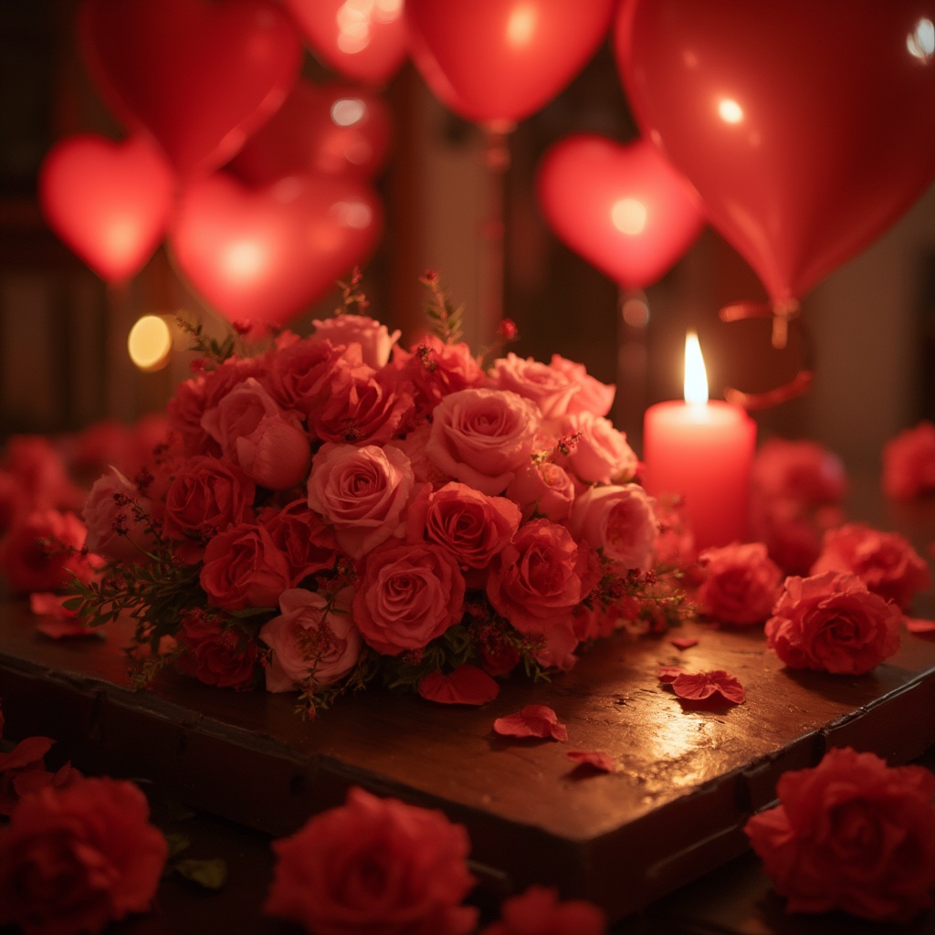 AI generated image by FLUX-Realism-Lora: Heart Shaped Decoration:
“Romantic scene surrounded by red heart-shaped balloons and flowers”
Flowers:
“Bouquet of blooming roses with warm candlelight in the background”
Romantic Dinner:
“Romantic dinner table with red candles and Valentine's Day themed decorations”