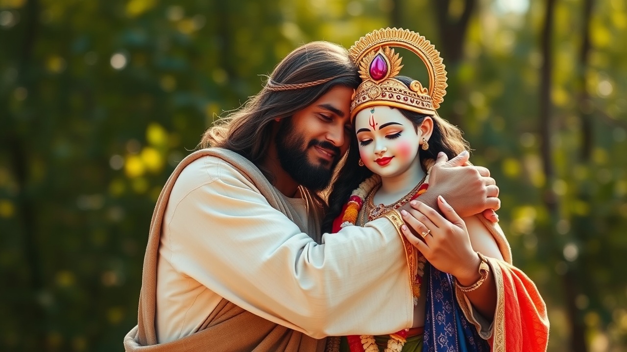 AI generated image by FLUX.1-schnell: Jesus and krishna hugging, photo realistic, bright outdoors in a natural setting