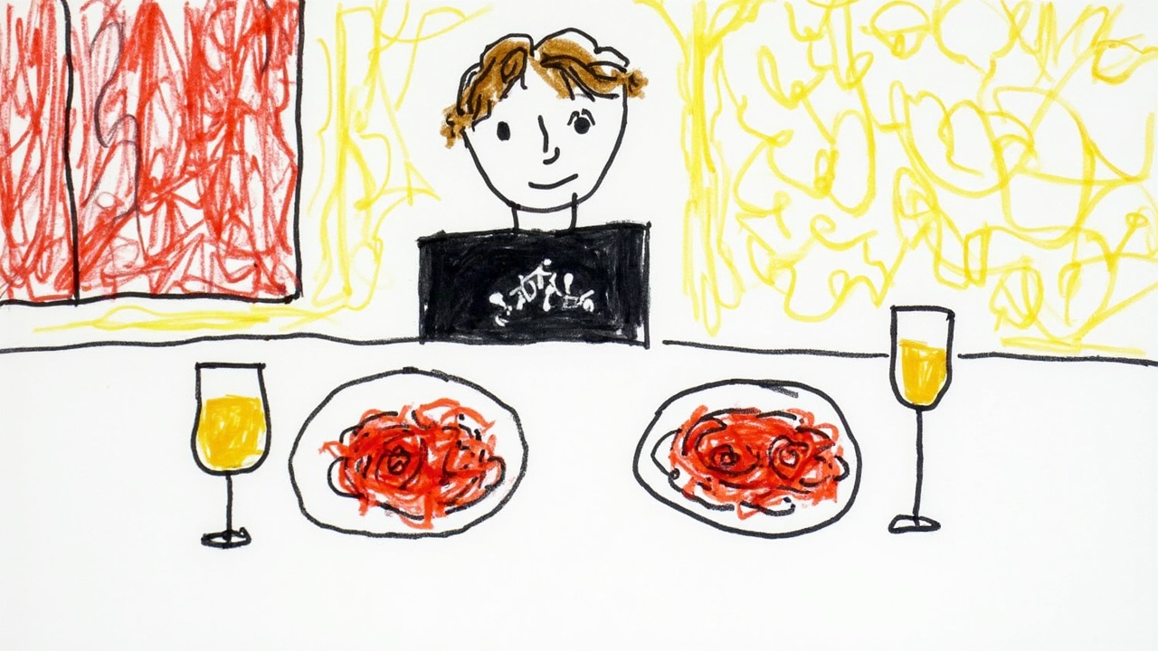 AI generated image by FLUX-Realism-Lora: A five year old child drawing of a dinner scene with a person in a black shirt with a white design sitting at a table. The table has two plates of spaghetti with a red sauce and three glasses filled with a yellowish liquid representing wine. The scene should include simple shapes and bright colors typical of a five-year-old's drawing style. The background includes a patterned curtain and simple shapes representing the environment around the table.