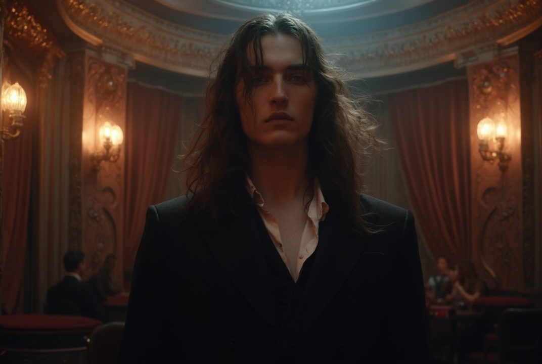 AI generated image by FLUX-Realism-Lora: a striking young aristocratic man with (flowing long brown hair), cinematic portrait composition, ethereal recessed lighting casting dramatic shadows, moody nightclub interior with velvet curtains and Art Nouveau details, iridescent palette, volumetric fog, rim lighting, dark atmospheric ambiance, elegant vampire aesthetic, porcelain skin with subtle subsurface scattering, high fashion editorial style, shallow depth of field, octane render, hyperrealistic detail, highly detailed facial features, 8k resolution