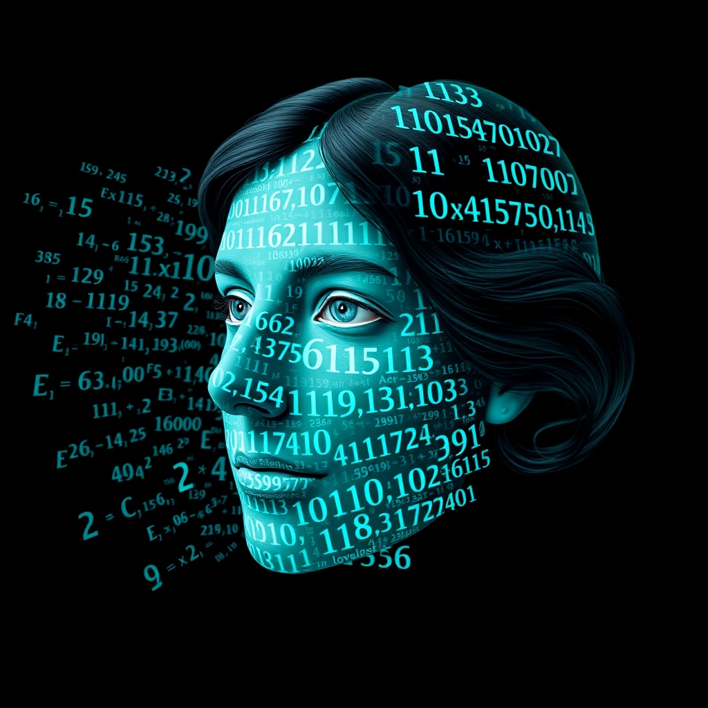 AI generated image by FLUX.1-schnell: Ada Lovelace's face as a digital mask made from thousands of turquoise numbers and formulas forming his face. the formulas and numbers fly behind the mask leaving a trail of complexity. the mask is floating dynamically in mid air. his head is turned to the right but his eyes are looking directly into the camera. the mask is on a black background. like a png with black only background. photo realistic, sci-fi, human features hair