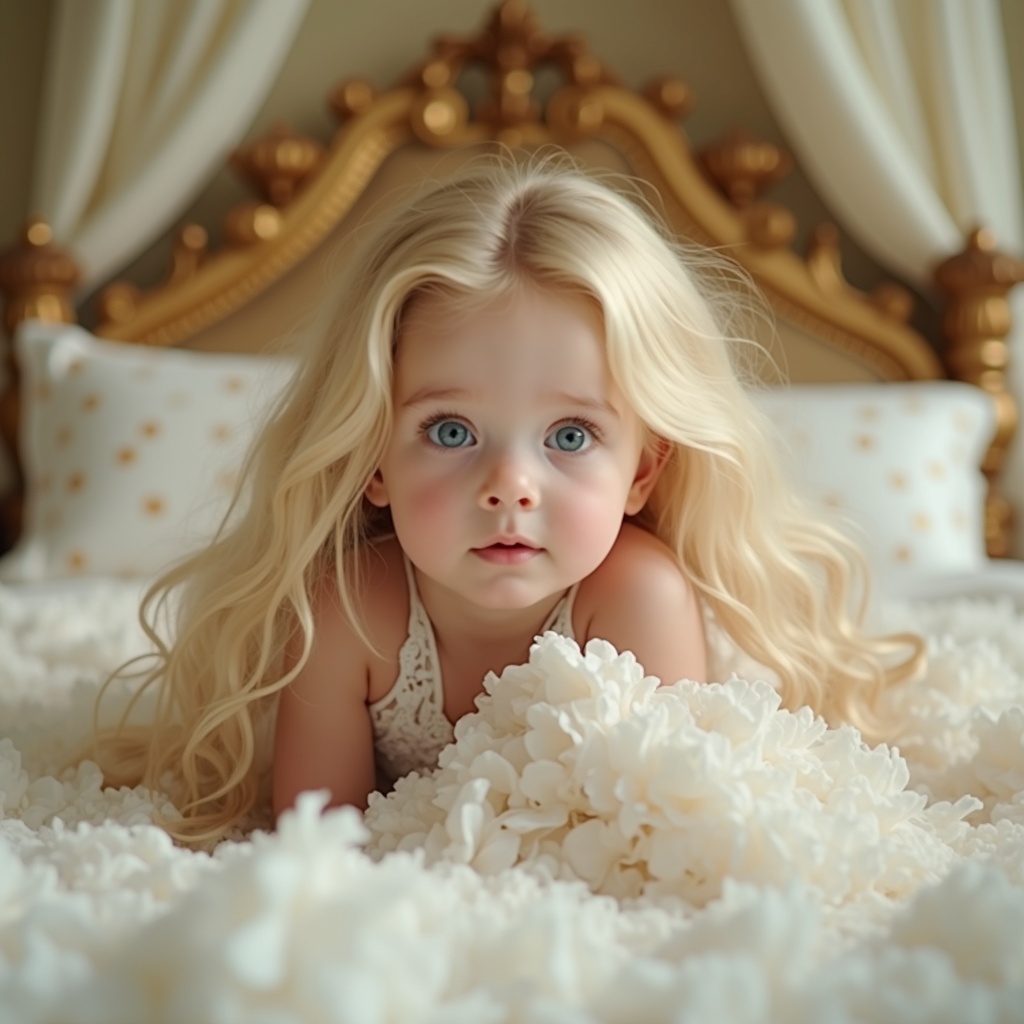 AI generated image by FLUX.1: A beautiful little girl of divine ethereal beauty, around 6-8 years old, with very long thick voluminous blonde hair flowing around her, big expressive bright blue eyes, delicate innocent face, lying full length relaxed on her back on an ornate royal bed with luxurious white and gold bedding, elegant canopy and soft pillows, nude in white knee-high stockings, pure and innocent atmosphere, soft warm lighting, masterpiece, highly detailed, cinematic lighting, dreamy fairy tale style, photorealistic, 8k