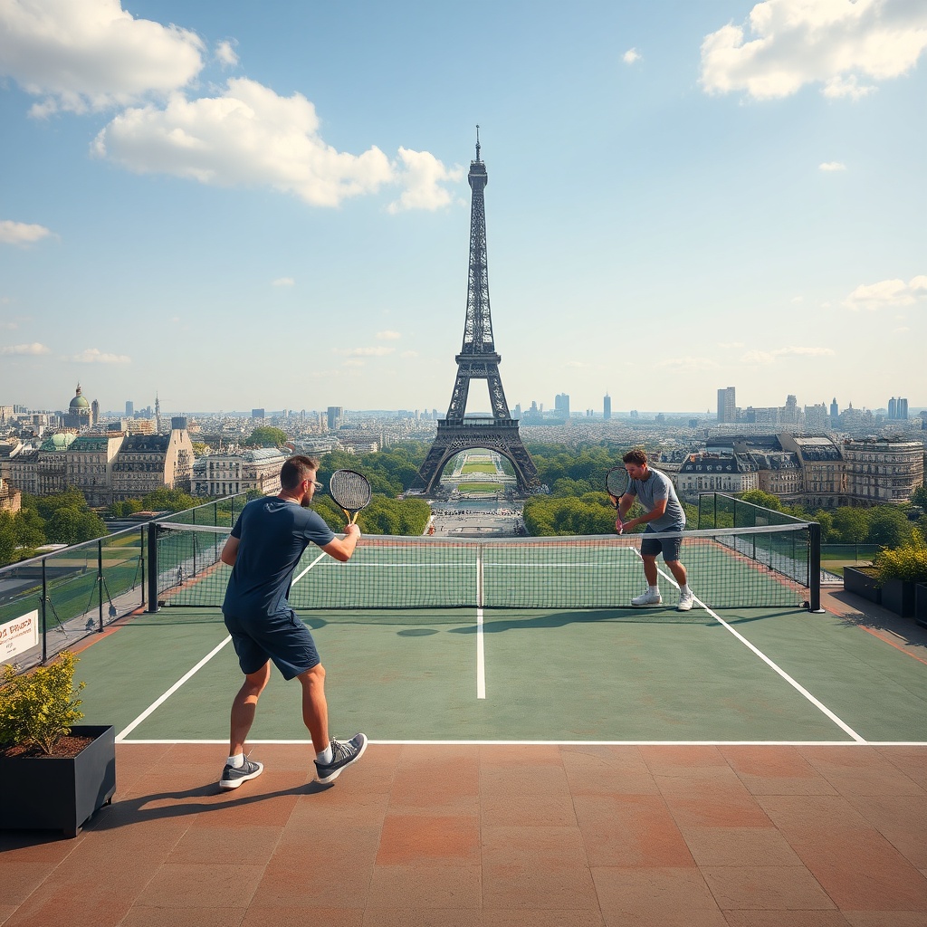 AI generated image by FLUX.1-schnell: Exactly 2 guys playing tennis (not discussing or doing something else), on a large, private rooftop terrace or a temporary platform converted to a tennis court, built on the Champ de Mars (the lawn beneath the Eiffel Tower) in Paris, France. A fantastic view of Paris below. One guy on one side of the net, the other on the other side of the net.